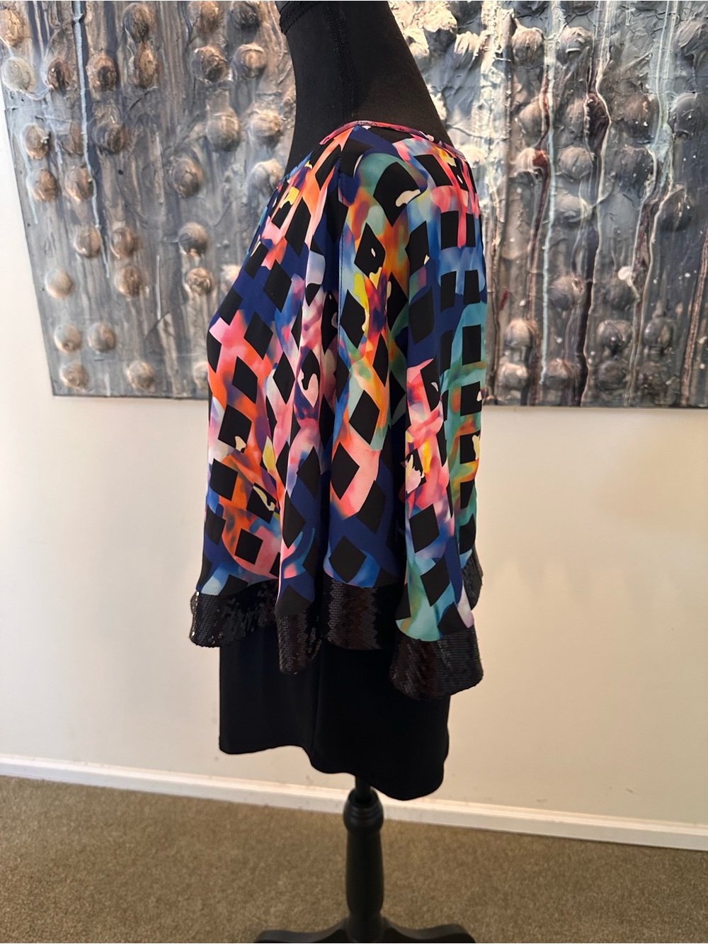 Joseph Ribkoff 12 Multicolor Geometric Overlay Cape Tunic with Sequin Hem - Picture 7 of 10